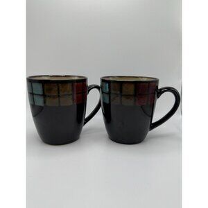 2 Gourmet Basics by Mikasa Antigua Coffee Mugs 4.5" tall Brown base geometric